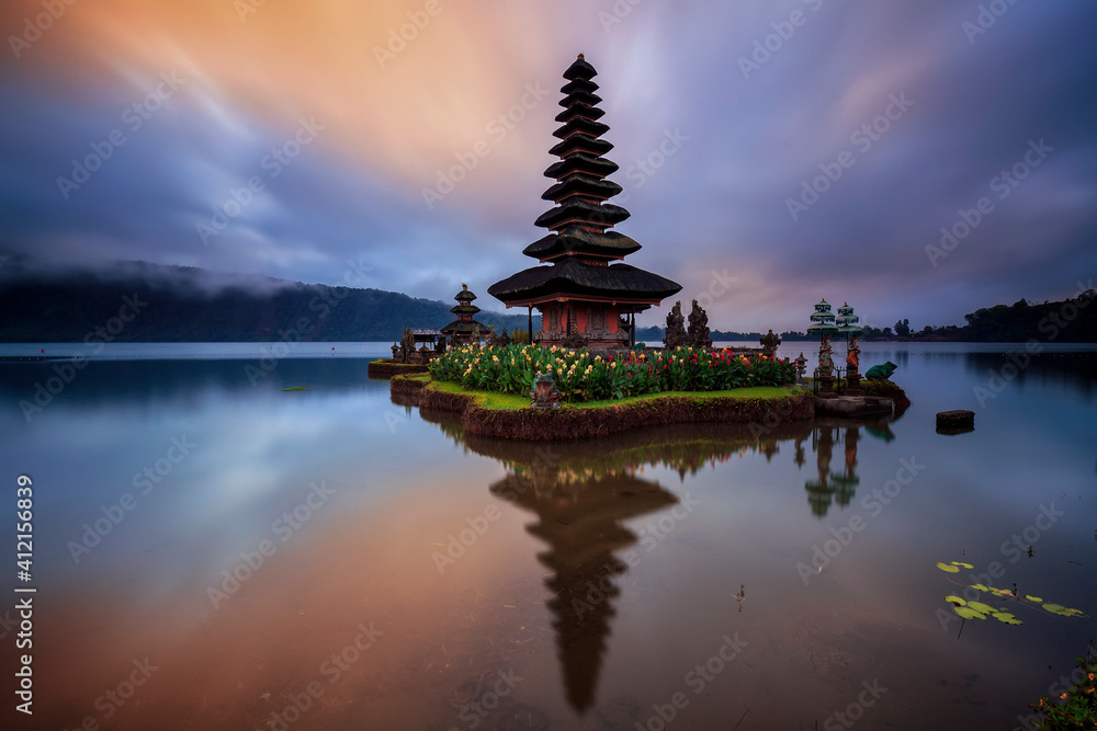 Pura Ulun Danu Bratan, Famous Hindu temple and tourist attraction in Bali, Indonesia. Come in early morning to have beautiful sunrise view Pura Ulun Danu Bratan, Famous Hindu temple and tourist attraction in Bali, Indonesia. Come in early morning to have beautiful sunrise view