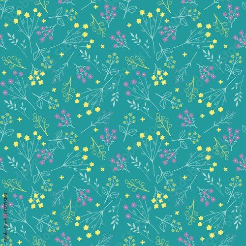 Romantic seamless vector floral pattern. small twigs and flowers on a turquoise background