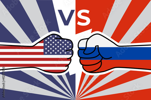 Cold war of the USA and russia. US flag fist vs russian flag fist. American russian military confrontation. Vector flat icon for web banner, posts