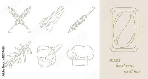 Food icon set with a skewer, chef's hat, spices, garlic, brisket illustration in outlines. Meat grill bar vector symbols