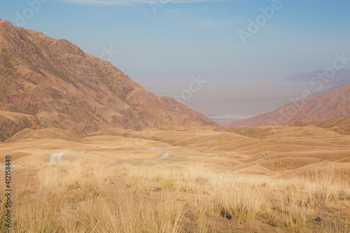 Sweeping undulating landscape of the Assy Plateau  a large mountain steppe valley and summer pasture 100km from Almaty  Kazakhstan.