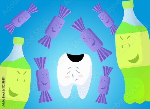 Concept illustration, cartoon style. Bad habits for teeth. harmful products. A sad tooth with caries. Angry sweets