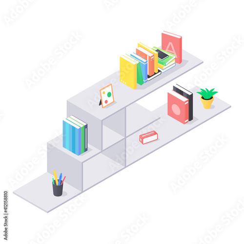 Books and chancellery on gray wooden bookshelf in isometric vector. Stacks of hard cover paper literature in shelf for education home or university interior. Rack with various home studying objects.