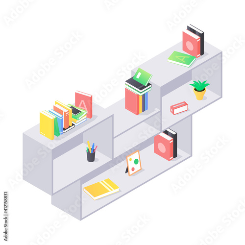 Books and chancellery on gray wooden bookshelf in isometric vector. Stacks of hard cover paper literature in shelf for education home or university interior. Rack with various home studying objects.