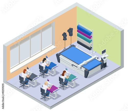 Isometric sewing workshop collection. Textile industry. Sewing accessories and fabric on a white background. Tailoring industry, fashion designer workshop, industry concept