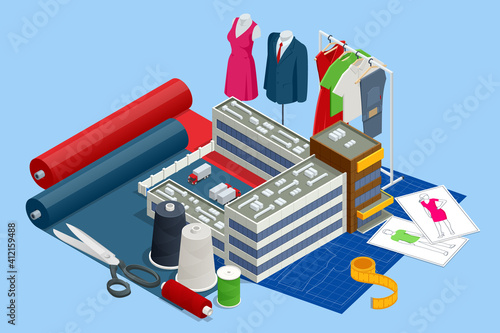 Isometric sewing workshop collection. Textile industry. Sewing accessories and fabric on a white background. Tailoring industry, fashion designer workshop, industry concept
