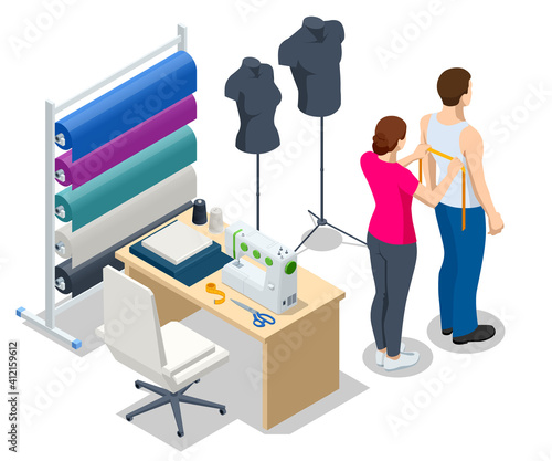 Isometric sewing workshop collection. Textile industry. Sewing accessories and fabric on a white background. Tailoring industry, fashion designer workshop, industry concept