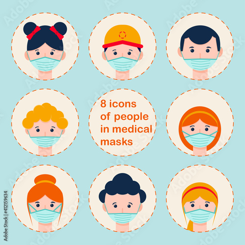 8 portraits/icons/avatars of people in medical masks against coronavirus, covid