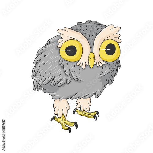 Cute crazy owl. Cartoon hand drawn clip art. Surprised night owl in child style.