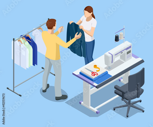 Isometric sewing workshop collection. Textile industry. Sewing accessories and fabric on a white background. Tailoring industry, fashion designer workshop, industry concept