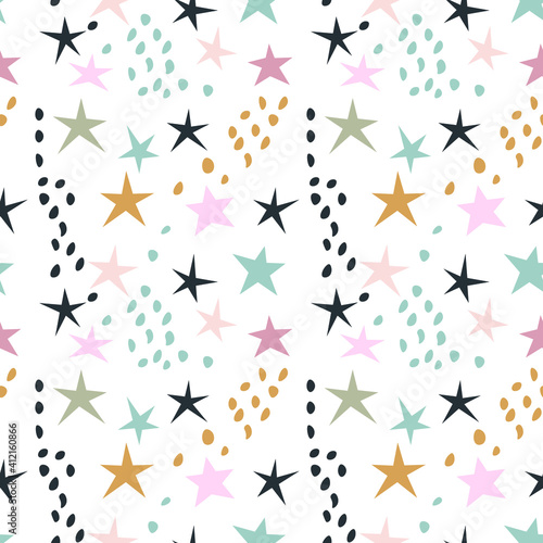 Seamless background with colorful hand drawn stars and dots. Abstract background in boho style. Great for fabrics  textiles  apparel. Vector illustration