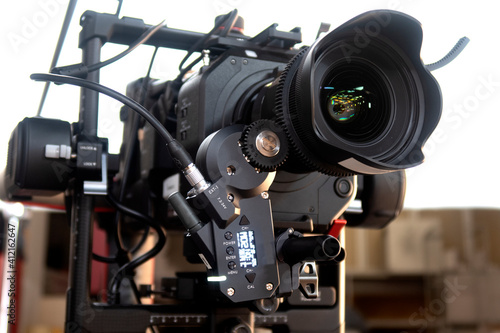 close up of video camera in TV studio