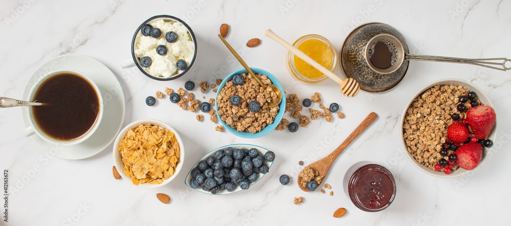 Healthy breakfast set on white background