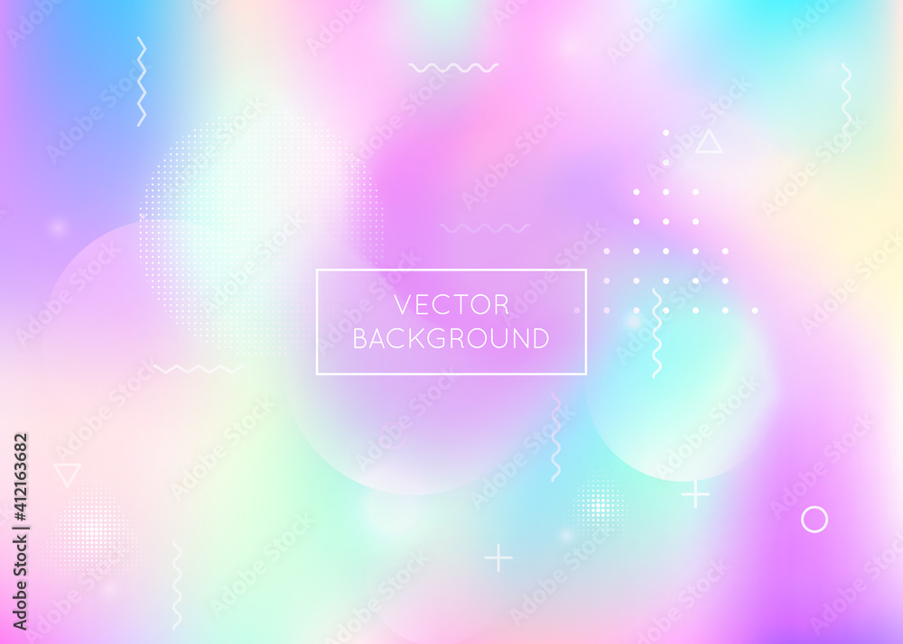 Bauhaus background with liquid shapes. Dynamic holographic fluid with gradient memphis elements.