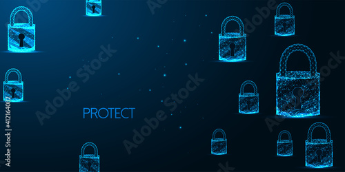 Futuristic cyber security banner concept with glowing low polygonal padlocks on dark blue
