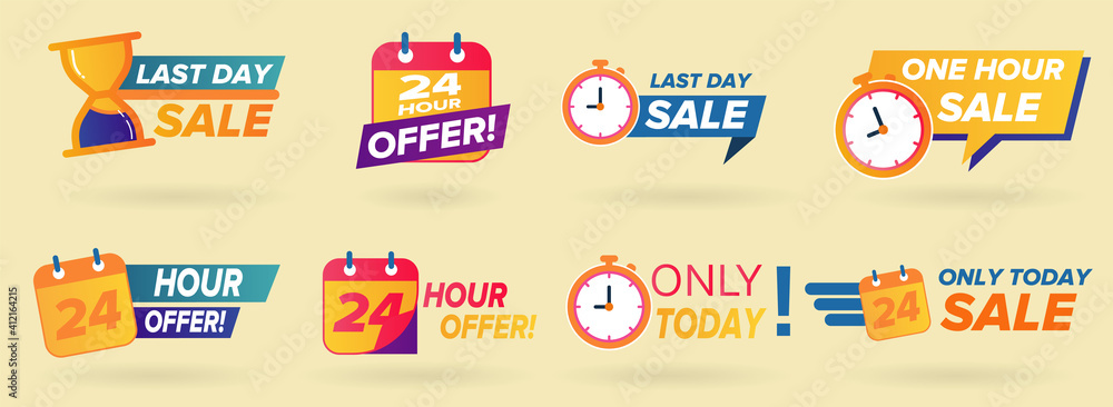 Shopping sales countdown promotional labels vector set. business limited special promotions, best deal badge. Isolated vector icons set