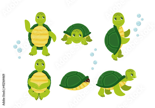 Cute cartoon turtles in different actions. Little turtles, walking and swimming turtle animals. Cartoon characters baby turtles, cute wildlife animals in shell.