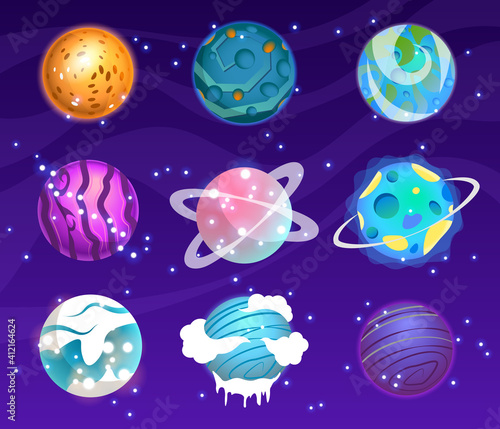 Vector set of cartoon planets. Colorful set of isolated objects. Astronomical observatory small planet pluto, venus mercury neptune uranus meteor crater and star universe astronaut sign.