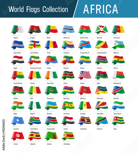 Flags of Africa, waving in the wind. Icons pointing location, origin, language. Vector world flags collection.