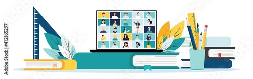 Home education concept. People study at home using a computer. Remote working. Video conference on laptop computer. Work from home and work from anywhere conceptVector illustration