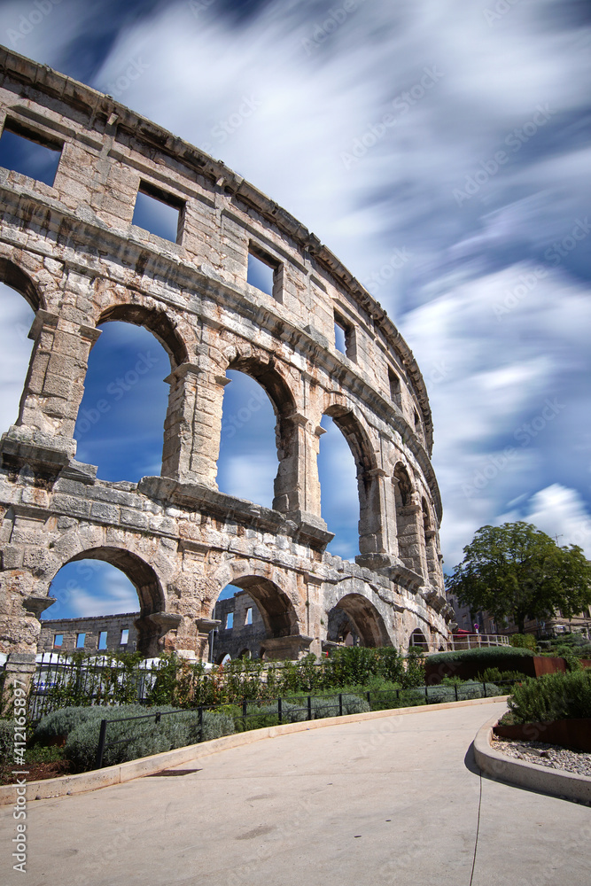 View Of Old Ruin Building of Amphitheater in Pula Against Sky Without People