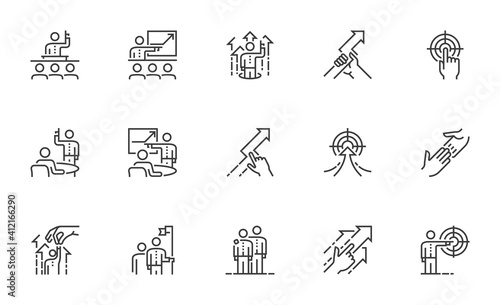 Set of Vector Line Icons Related to Coaching. Business Training, Mentoring, Motivation. Coach, Leader. Editable Stroke. Pixel Perfect.