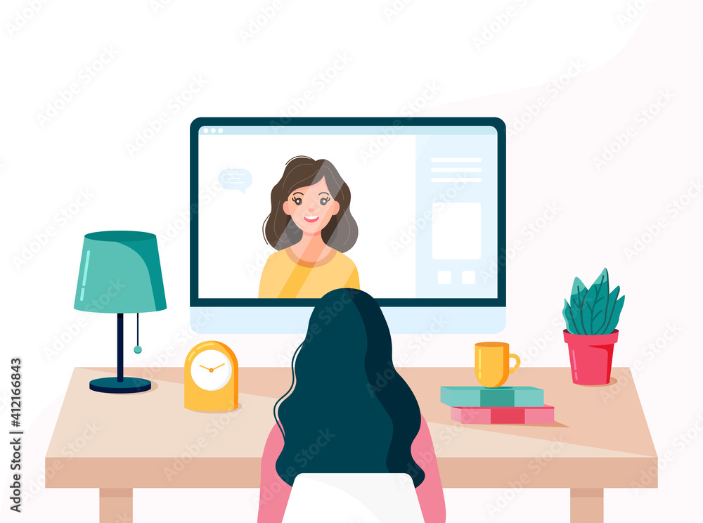 Young woman doing a video conference with a colleague in computer. Online meeting via group call.Online education concept in quarantine.Flat vector illustration. Stay home concept. Young woman doing a video conference with a colleague in computer. Online meeting via group call.Online education concept in quarantine.Flat vector illustration. Stay home concept.