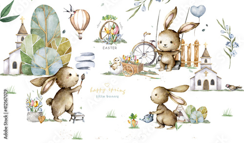 Hand drawn watercolor happy easter set with bunnies design. Rabbit isolated farm illustration on white. Cute baby bunny rabbit illustration for design