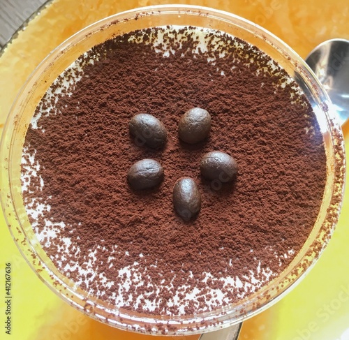 Delicate, dessert of yogurt and cream covered with chocolate