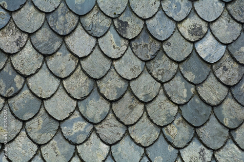 Dark roofing texture. Black wet roof tiles. Abstract background
