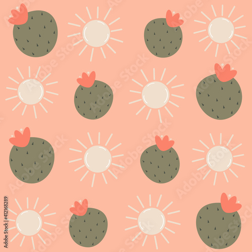 Cute cacti with flowers and sun seamless vector pattern background design illustration