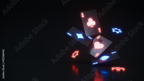 Casino neon background with poker chips and cards falling 3d rendering