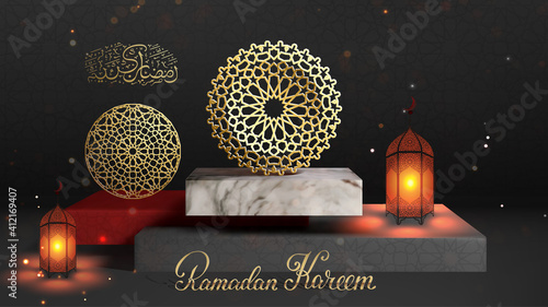 Gold round islamic pattern on marble stage. 3d greeting card design for Ramadan Kereem. Vector islamic lantern design. Ramadan Kareem calligraphy.Cosmetical backgound for presentation.