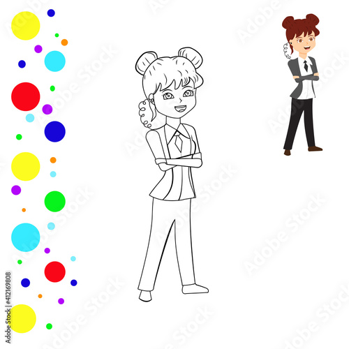 Coloring and colored image of a female bodyguard. Coloring page person. Can be used for print, magazine, poster. Vector illustration.