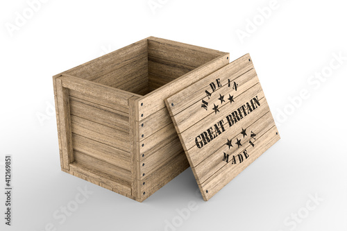 Large wooden crate with Made in Great Britain text on white background. 3D rendering