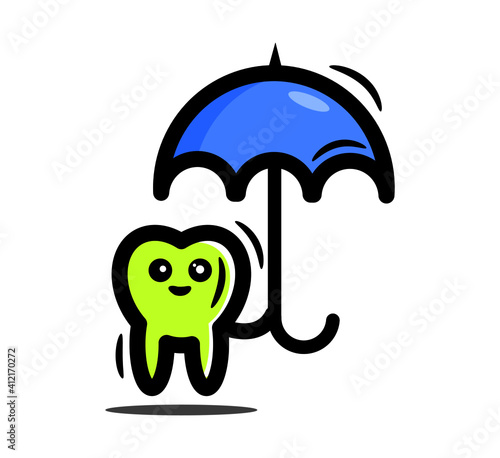 cartoon umbrella. A cute icon with the illusion of a tooth holding an umbrella.