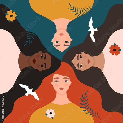 International Women’s Day, 8 March. Women diversity concept. Group of multiethnic female characters. Portraits of beautiful caucasian, asian, black, latina girls together. Vector illustration, card