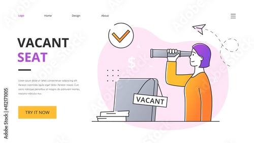 Vacant seat abstract concept. The female leader is looking for an employee. A female character stands next to an empty chair with hanging vacant sign on it. Outline flat cartoon vector illustration