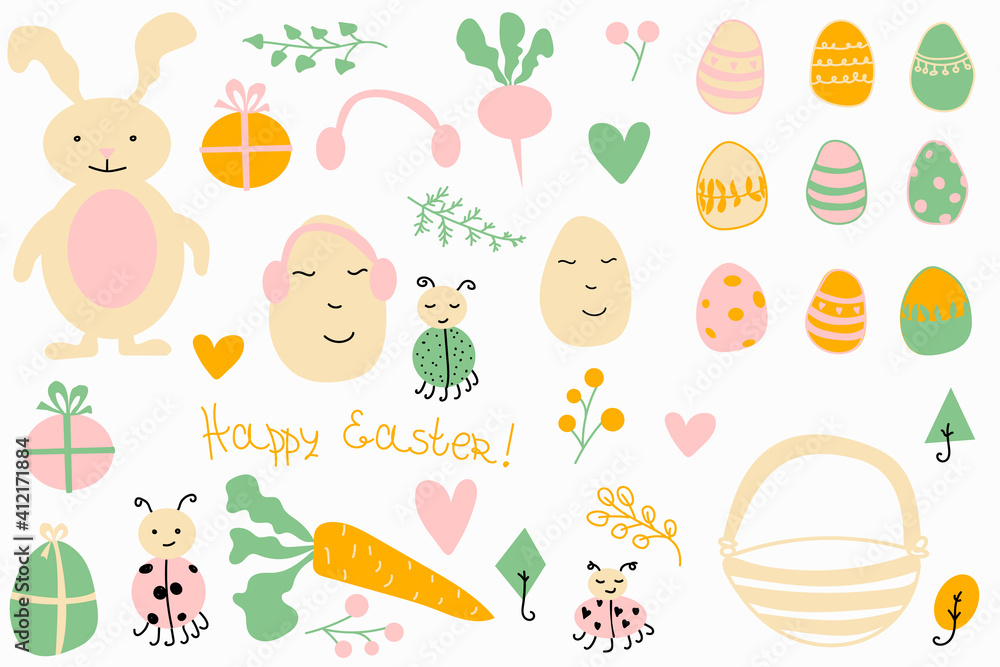 Happy Easter. Vector set with rabbit, Easter eggs, basket, carrot,  headphones, radish and branches, leaves, berries, hearts, beetles, gift boxes. Cute characters in cartoon style. Flat