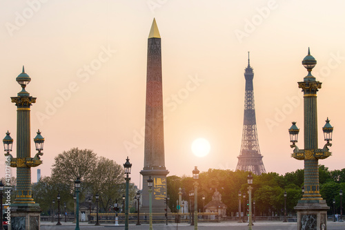 France, Paris, Place de la Concorde and Eiffel tower at sunet