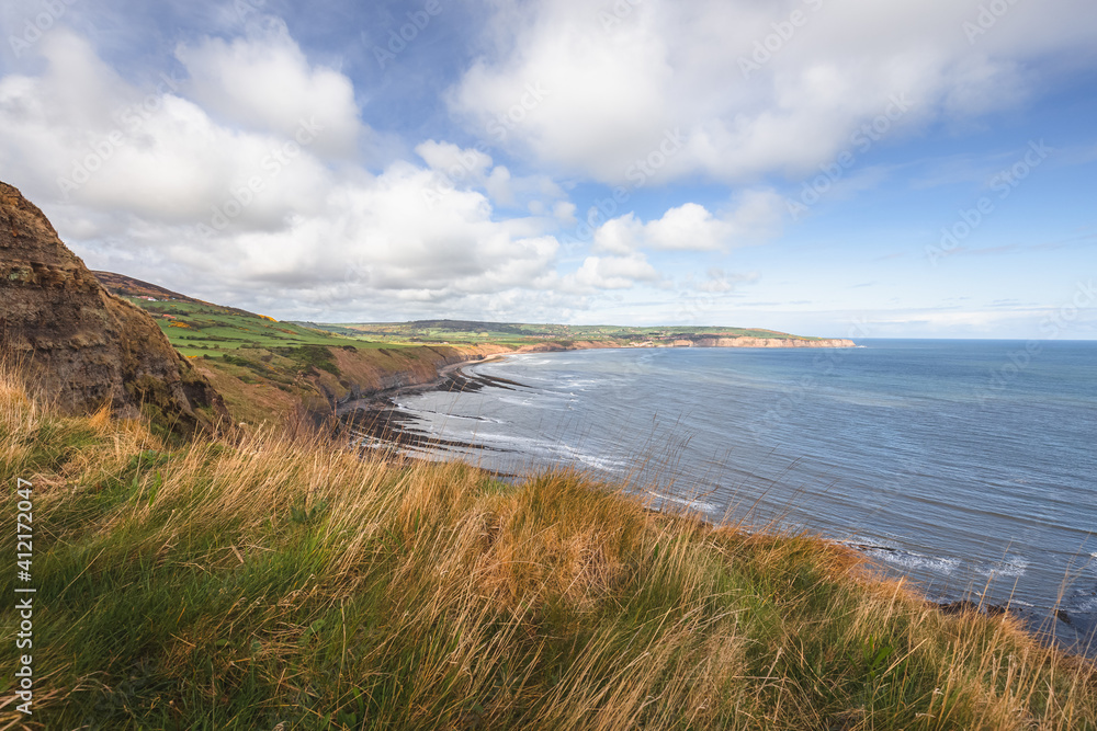 Scenic coastline landscape views at Ravenscar on the North Yorkshire Coast, part of the civil parish Staintondale in North York Moors National Park, England.
