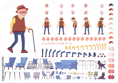 Old man construction set. Senior citizen, retired grandfather wearing glasses, old age pensioner, lonely grandpa. Cartoon flat style infographic illustration, different emotions, skin, hair tones photo