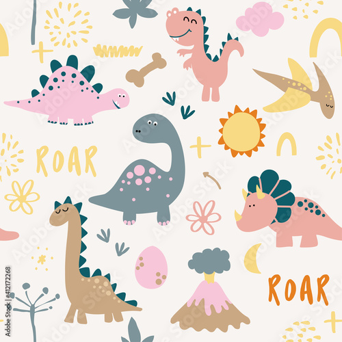 Dino friends. Funny cartoon dinosaurs, bones, and eggs. Cute t rex, characters. Hand drawn vector doodle set for kids. Good for textiles, nursery, wallpapers, wrapping paper, clothes. Roar words