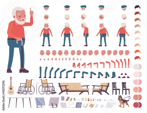 Old man, elderly person construction set. Senior citizen over 65 years, retired bearded grandfather, aged pensioner. Cartoon flat style infographic illustration, different emotions, skin, hair tones