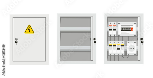 Electrical power switch panel with open and close door. Fuse box. Isolated vector illustration in flat style on white background