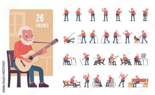 Old man, elderly person set, pose sequences. Senior citizen over 65 years, retired bearded grandfather, nice aged pensioner. Full length, different views, gestures, emotions, positions