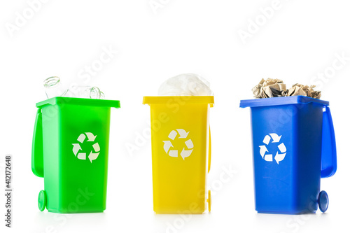Recycling sorting. Bin container for disposal garbage waste and save environment. Yellow, green, blue dustbin for recycle plastic, paper and glass can trash isolated on white background.