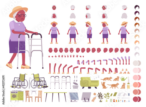 Old black woman, elderly person construction set. Senior citizen over 65 years, retired grandmother, old age pensioner. Cartoon flat style infographic illustration, different emotion, skin, hair tones