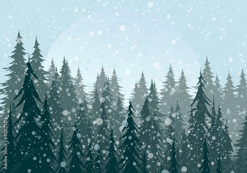 Obraz premium Winter landscape with coniferous forest and snow.
