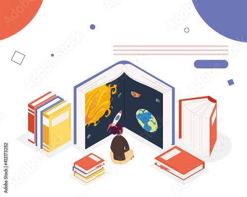 woman reading books of universe library ,book day celebration